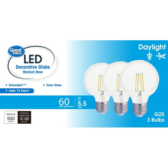 Great Value G25 LED Bulb, 5.5-Watt (60W Equivalent) Daylight White Dimmable E26 Base, 3-Pack (Title 20)