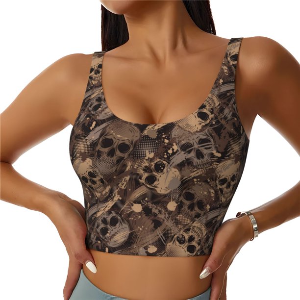 Fotbe Brown Camouflage Skull Sujetador Deportivo Largo sin Aros para Mujer con Almohadillas y Soporte Medio, Transpirable y Absorbente, Camiseta Tipo Chaleco o Tank Top-Medium