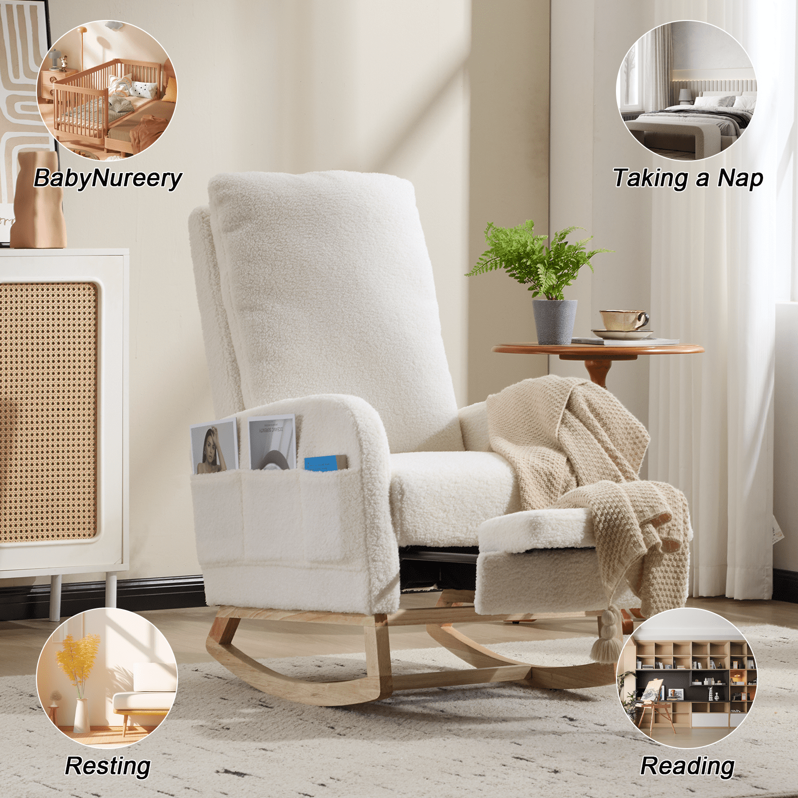Outdoor Rocking Chairs Modern Accent Rocking Chair Rocking Chair with Solid Wood Legs, Upholstered Nursery Glider Rocker with Side Pocket and Footrest, Living Room Lounge Arm Chair with High Backres