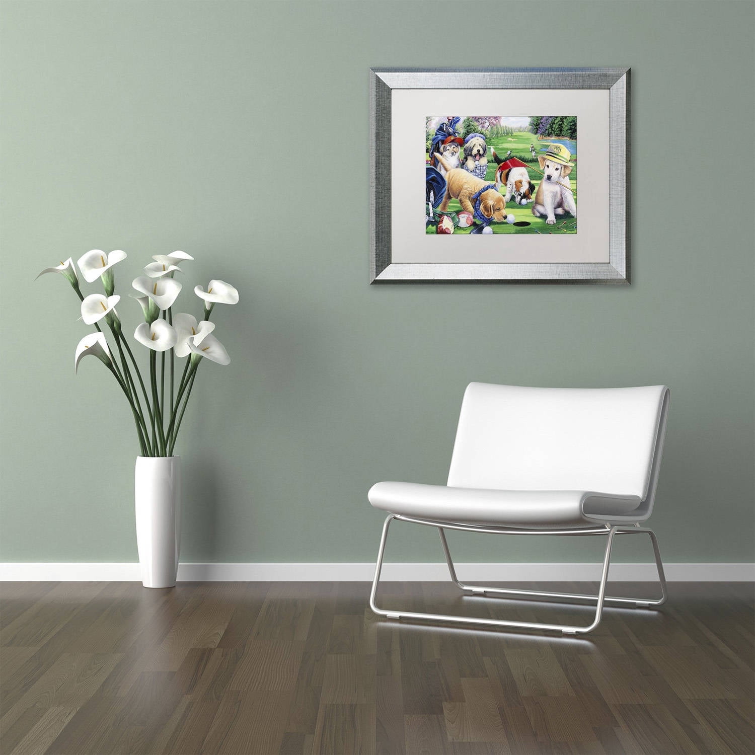 Trademark Fine Art 'Golfing Puppies' Canvas Art by Jenny Newland, White Matte, Silver Frame
