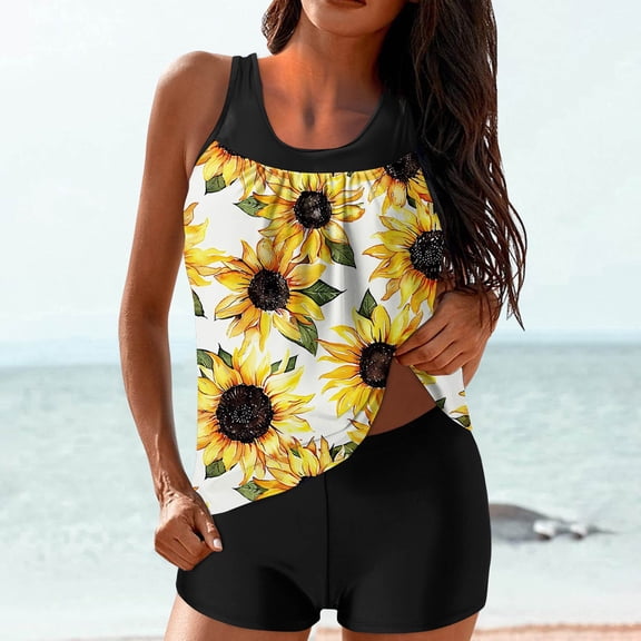 Kinrui Two Piece Tankini Swimsuits for Women Tummy Control Bathing Suit with Boy Shorts Sunflower Print Athletic Swimwear Multicolor,S