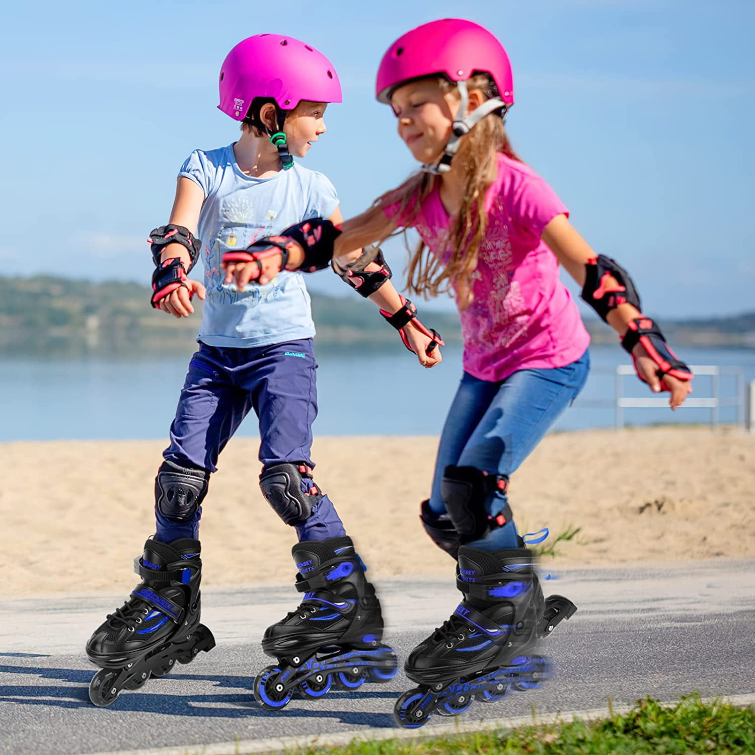 (2 pack) OBENSKY Adjustable Inline Skates, Illuminating Roller Blades for Kids,Girls&Boys Beginner w/ Light up Wheels-Blue