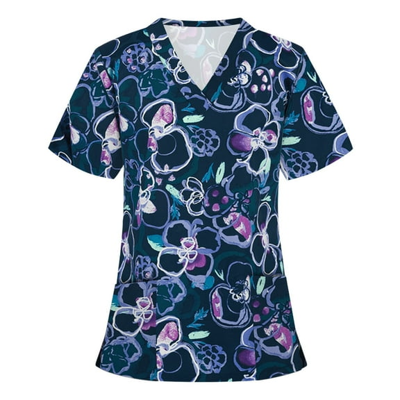 Kayannuo Print Nursing Uniforms Scrub for Women Women Floral Short Sleeve V-neck Tops Working Uniform Casual Blouse