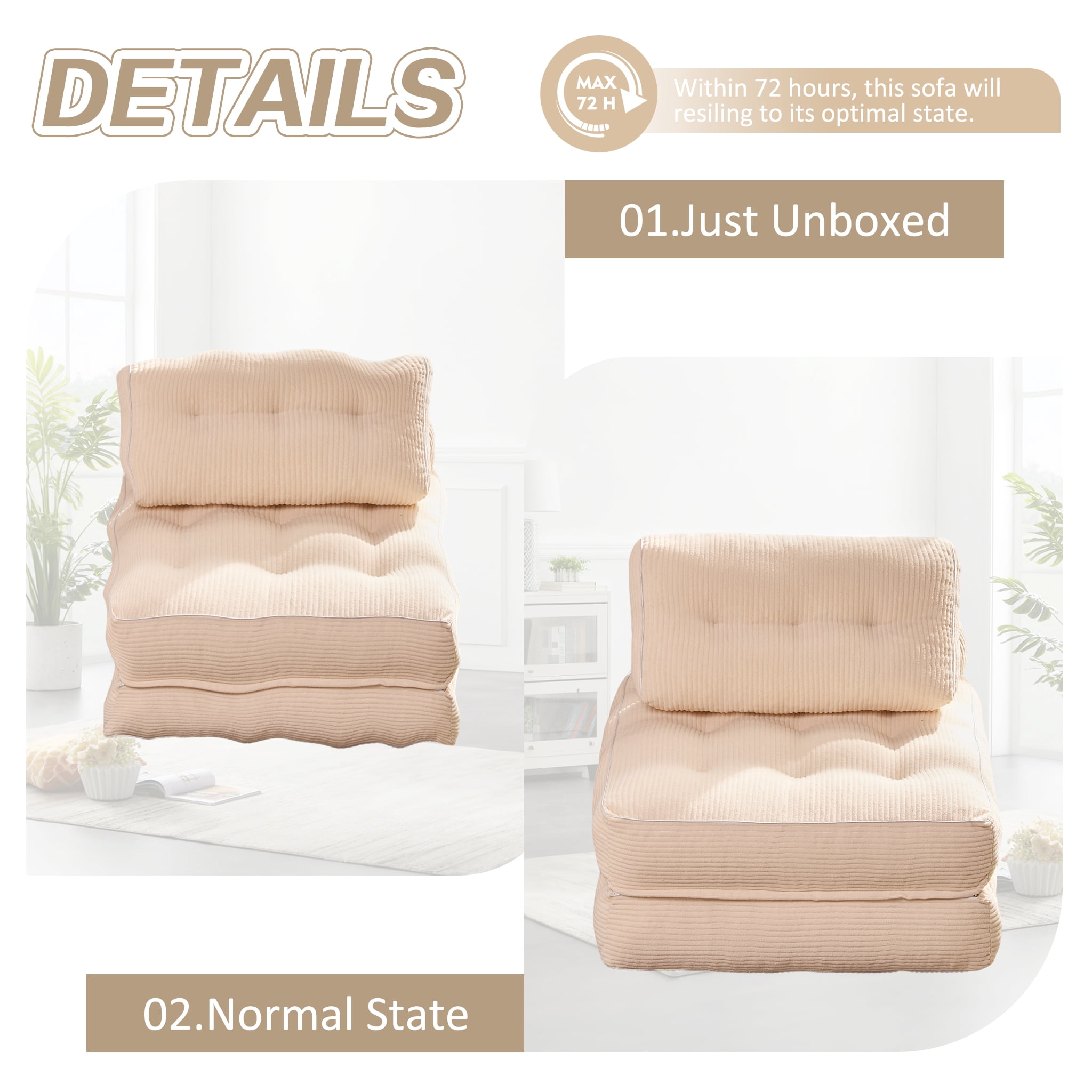 LAKPS Convertible Floor Sofa Bed, Corduroy Modular Lounge Chair with Backrest & Pillow, Folding Tatami Sofa Sleeper for Living Room, Bedroom, Dorm, White