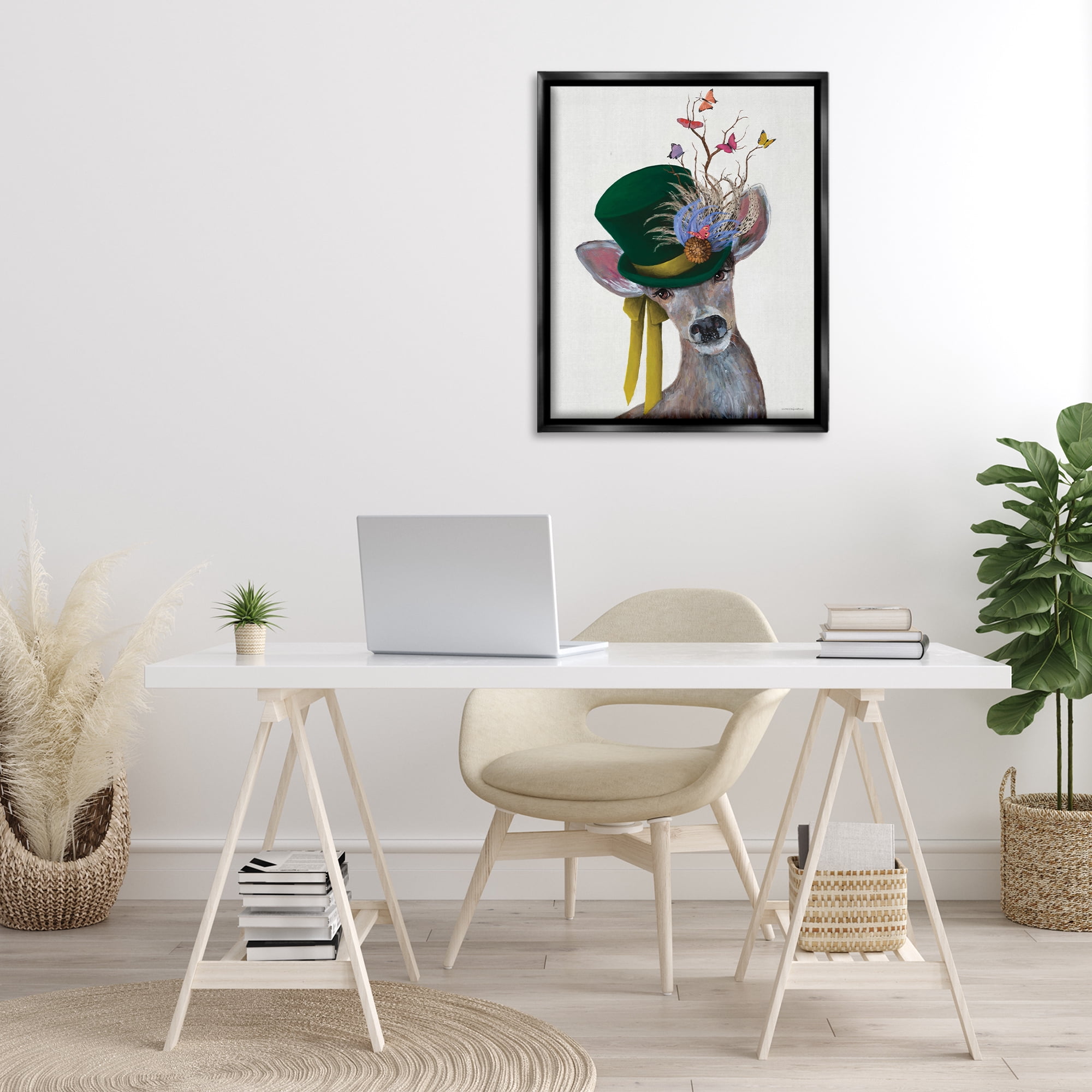 Stupell Industries Deer with Butterfly Hat Animals & Insects Painting Black Floater Framed Canvas Art Print Wall Art, 25 x 31