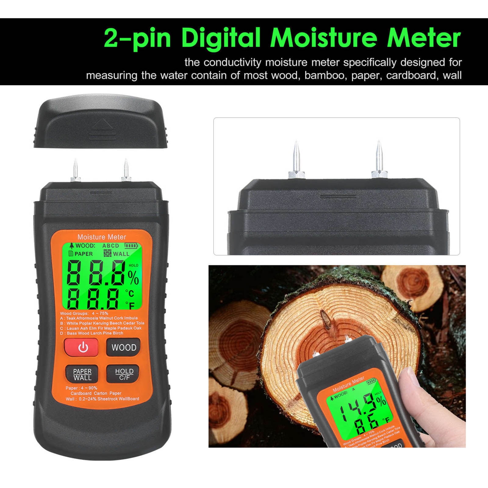 JIAHAOO Digital Moisture Detector For Wood Paper Wall ABS 3 Measurement Modes Temperature C F Switch High Accuracy