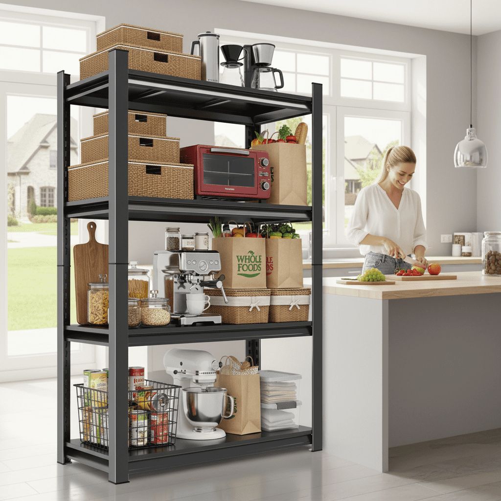 63" Tall Metal Storage Shelf, 1200 LBS Weight Capacity, 4-Tier Adjustable Height Storage Rack, Black