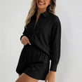 thumbnail image 4 of DHFJKG 2 Piece Summer Outfits Women Shorts Set Textured Long Sleeve Button Up Shirts And Shorts Loose Fit Matching Sets Stylish Outfit, 4 of 5