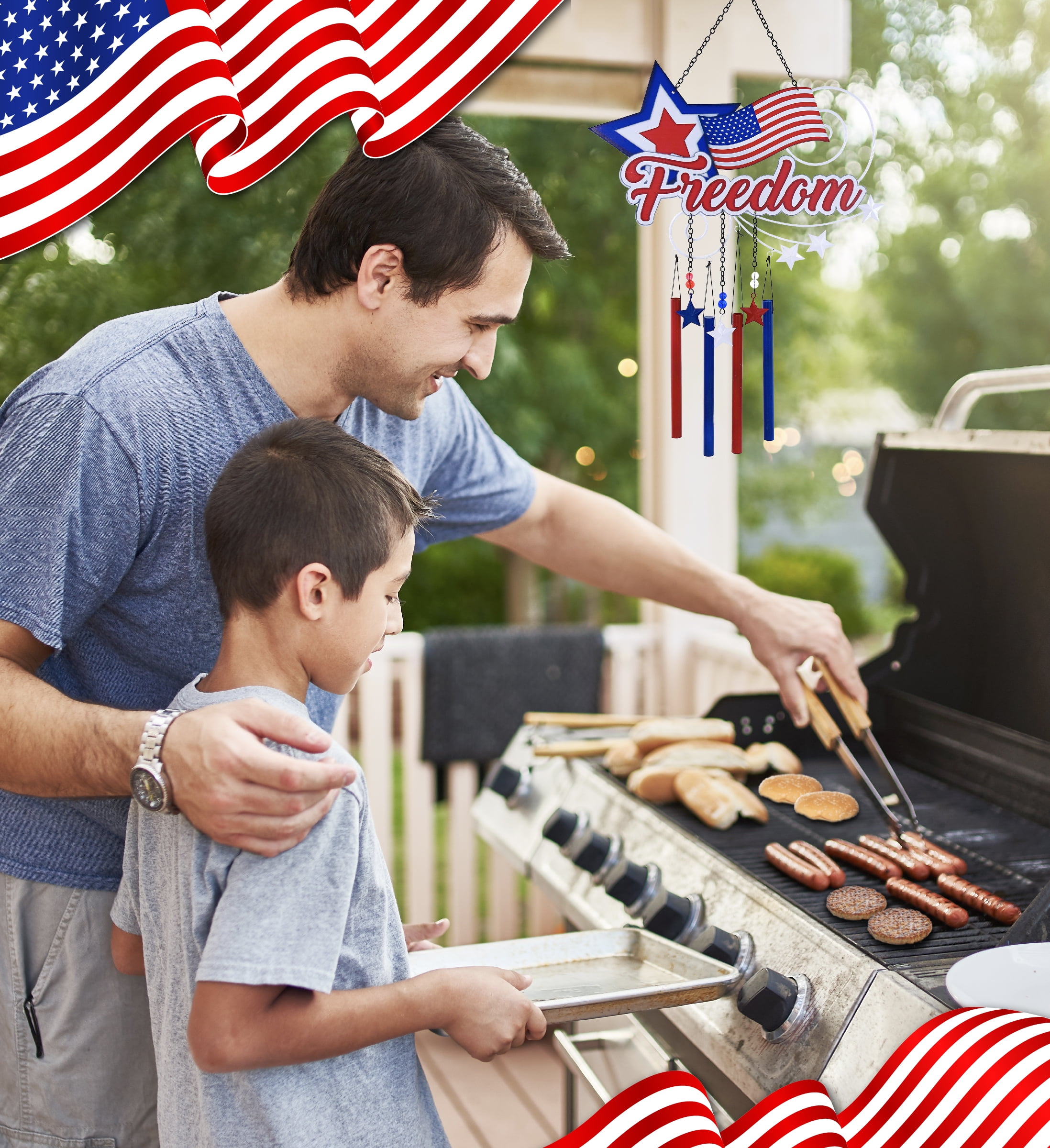 CoTa Global USA Flag Star Wind Chime - American Flag Patriotic Indoor or Outdoor Windchime Home Decor with Hanging Bells, Handcrafted Glass and Metal Wind Chimes for Yard, Garden, Porch - 25.5 Inches