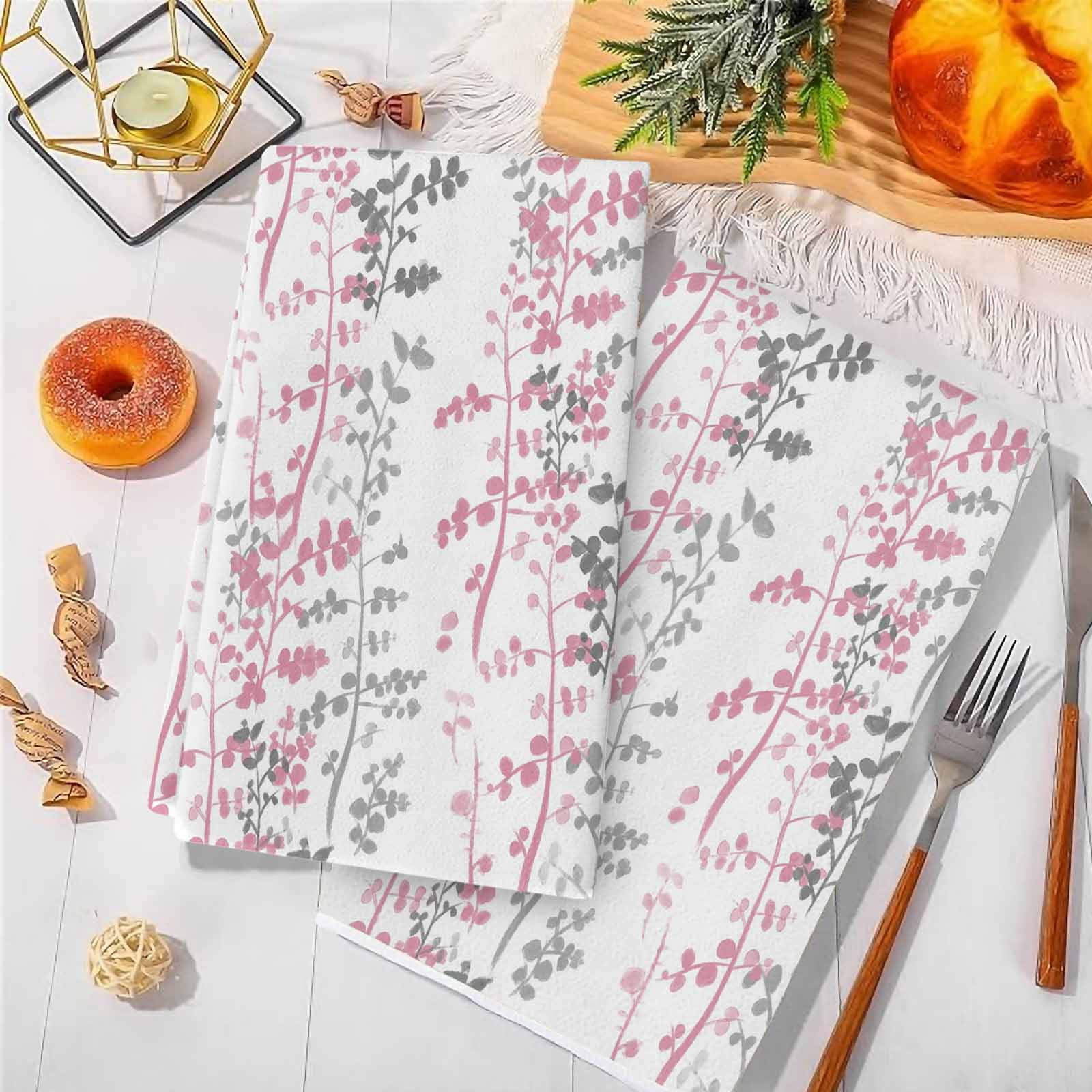 Dish Towels, Pink Leaf Absorbent Kitchen Towels 2 PCS, Grey Leaves Branches Microfiber Hand Towels Dish Cloths Tea Towels for Home&nbsp;Bathroom Cleaning Drying,18X28-Inch,