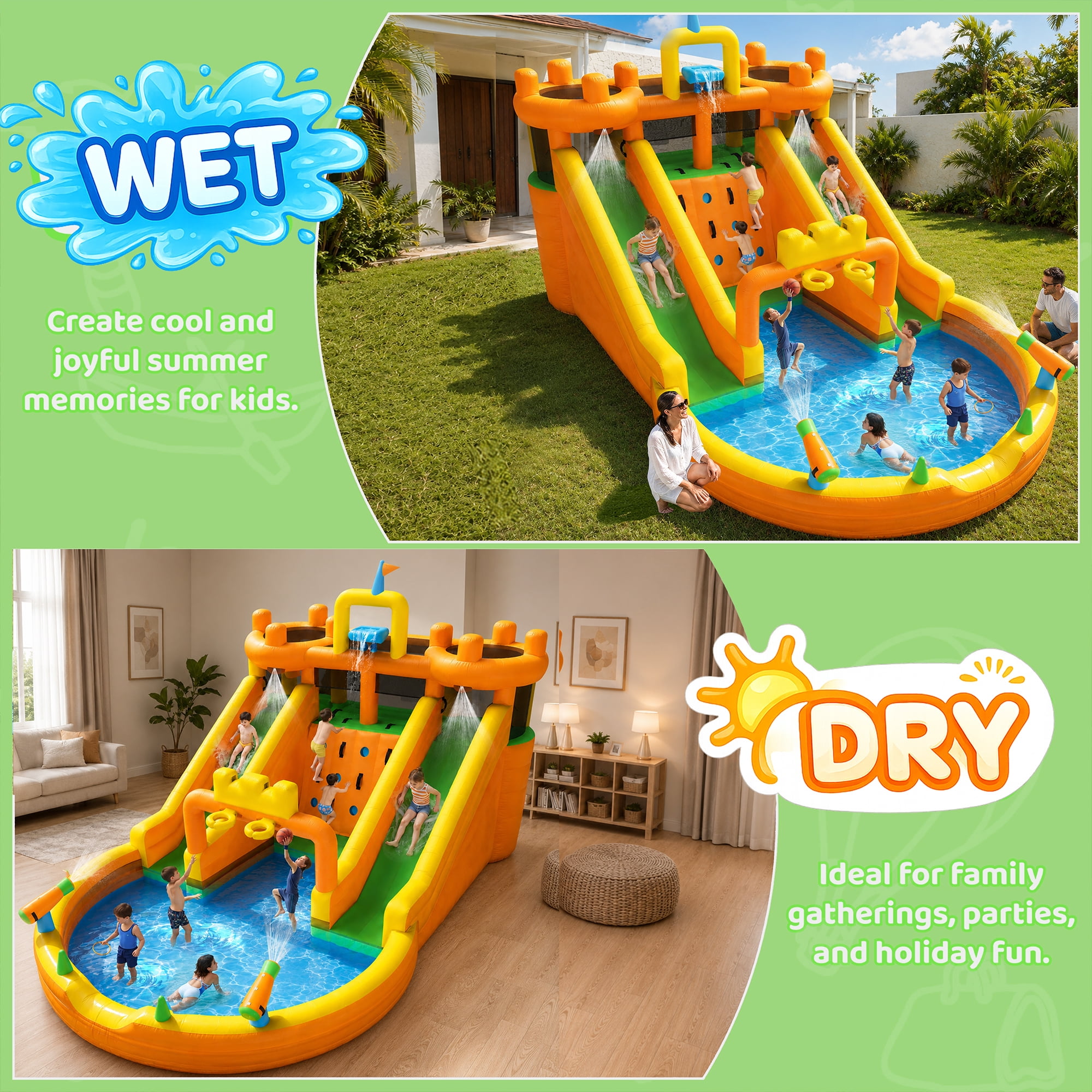 INFLATEFLY Inflatable Water Park 10 in 1 Multifunctional with Double Slides, Climbing Wall, 2 Basketball Hoops, Dual Water Cannons