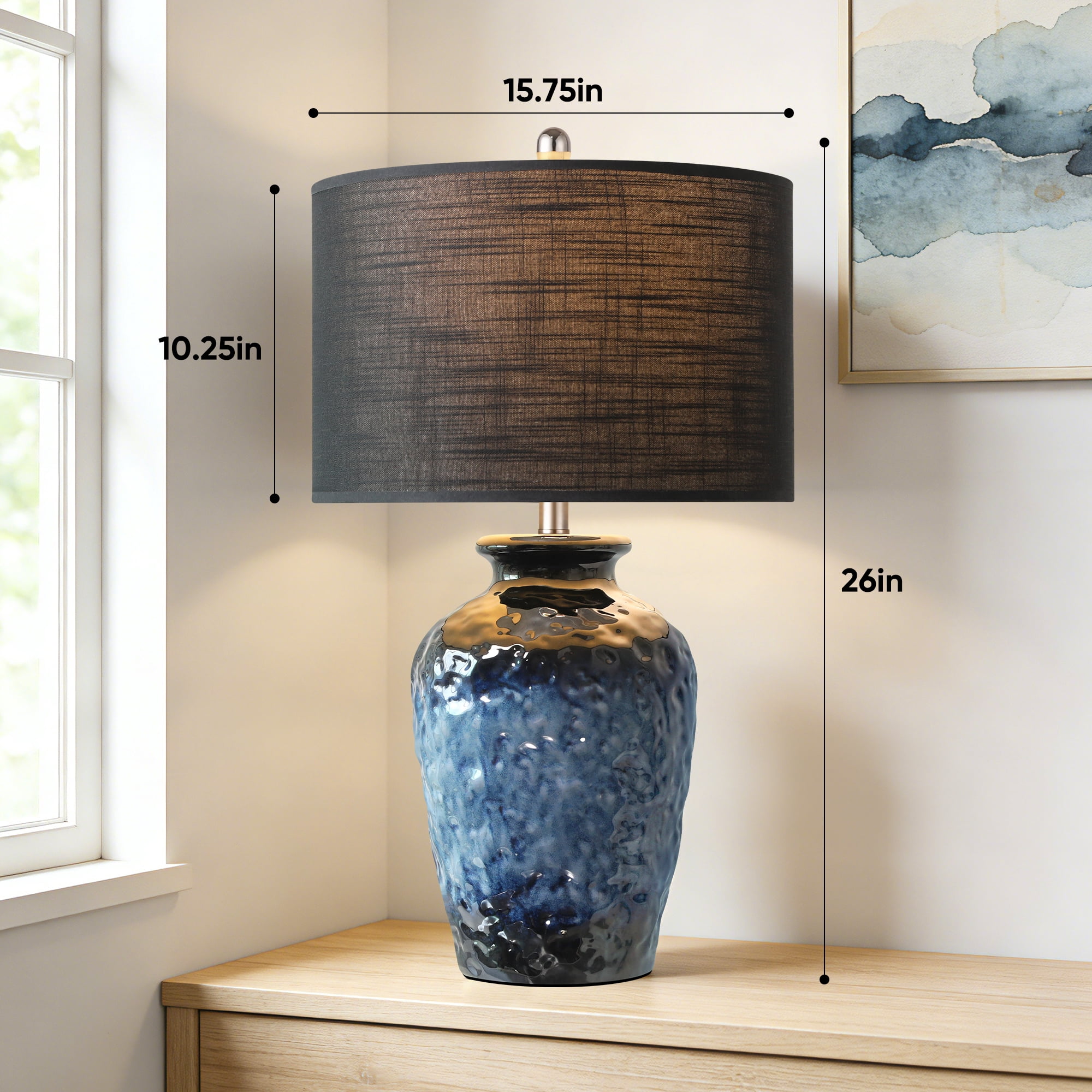 26in Farmhouse Ceramic Table Lamp, Rustic Navy Blue Bedside Lamp with Black Linen Shade for Bedroom Living Room Office Nightstand