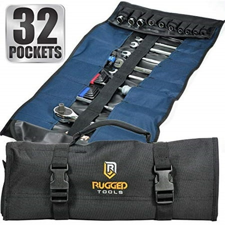 

32 pocket tool roll organizer - wrench organizer & tool pouch - wrench roll includes pouches for 10 sockets - roll up tool bag for electrician hvac plumber carpenter or mechanic - from rugged tool