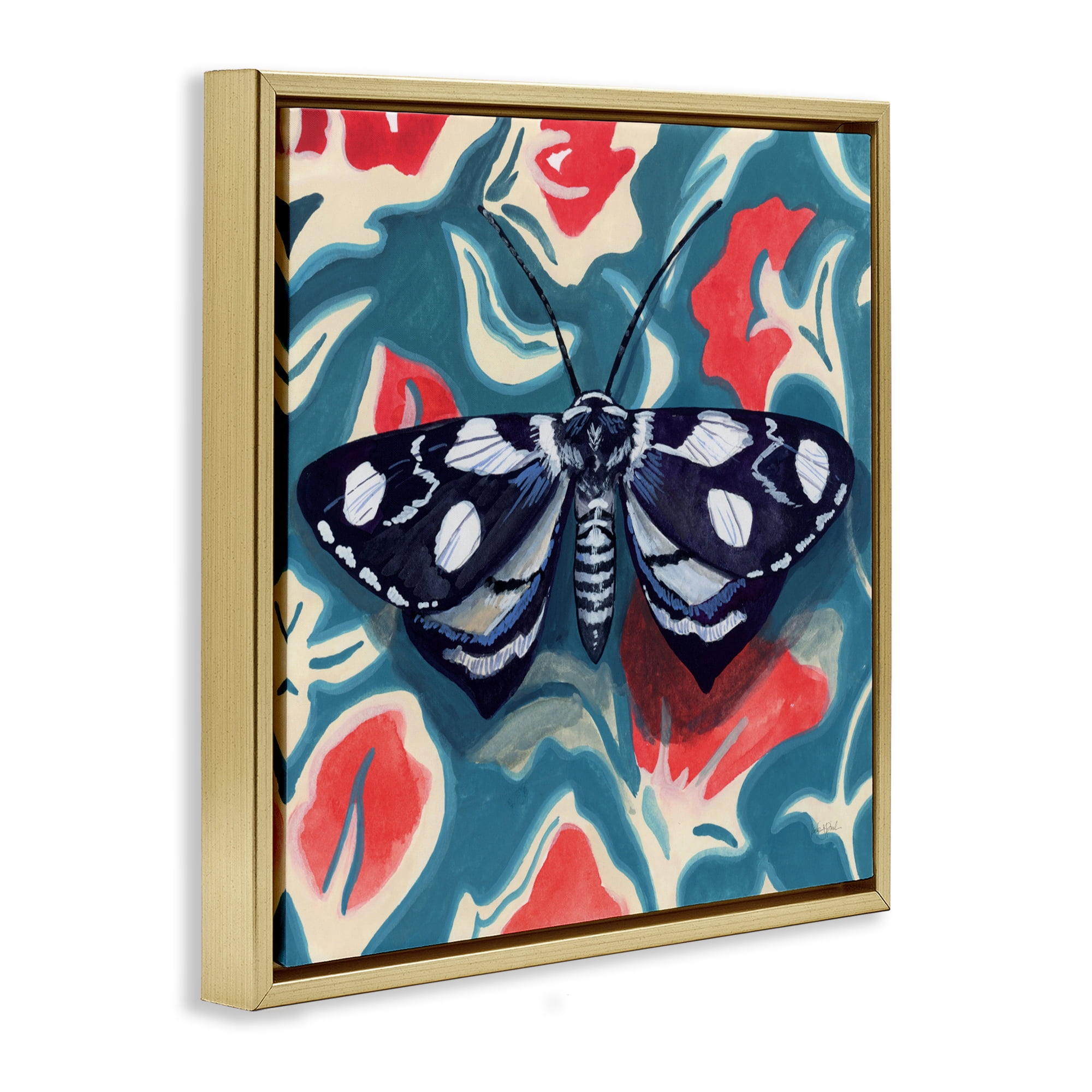 Stupell Industries Symmetrical Moth On Beautiful Flowers Gold Framed Floater Canvas Wall Art, design by Kate Jarvik Birch