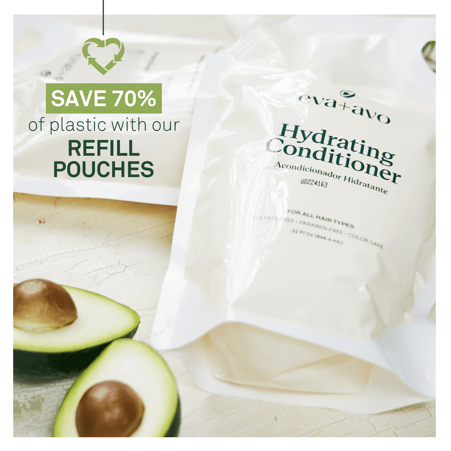 eva+avo Sulfate Free Conditioner with Avocado Oil, All Hair Types, Squeeze Pouch, 32 fl oz