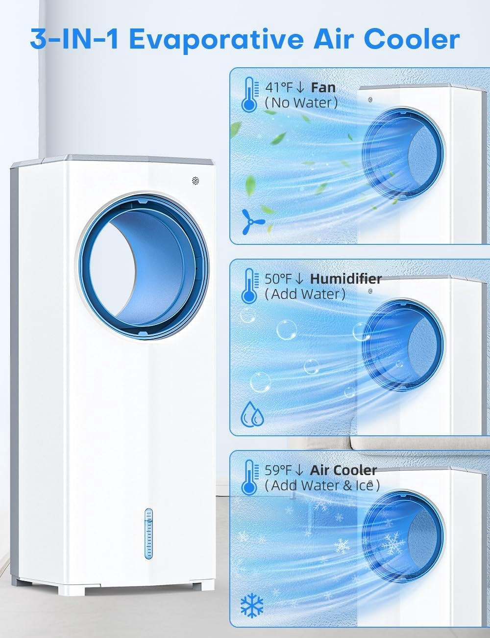 Windowless Portable Air Conditioner, 27" Bladeless Evaporative Air Cooler, Dual Tanks for 24H Cooling, 4 Modes & 3 Speeds, 25FT Remote&Timer, 360° Swing Swamp Cooler Air Cooler Indoor