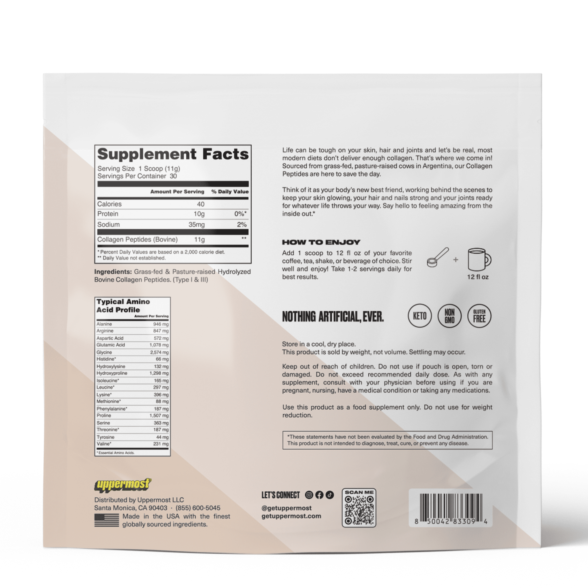 Uppermost Collagen Peptides Powder, Grass-fed & Pastured-raised, Hydrolyzed Type 1 & 3, Unflavored, 30 Servings