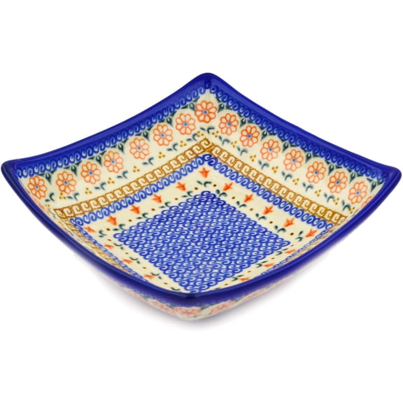 Polish Pottery 7¾-inch Square Bowl (Amarillo Theme) Signature UNIKAT Hand Painted in Boleslawiec, Poland   Certificate of Authenticity