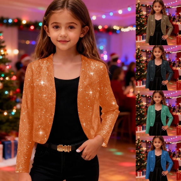 Hinvhai Girls Sequin Bolero Jacket Shrug Coat Long Sleeve Open Front Sparkly Glitter Blazer Cropped Cardigan Coats for Party Sky Blue 13 Years