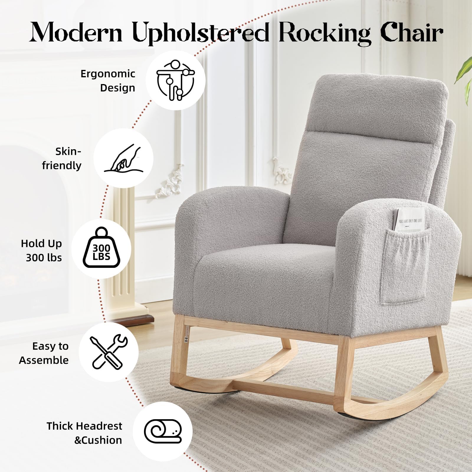 Nursery Glider Rocking Chair with Side Pocket - High Back Rocking Armchair with Rubber Wood Legs, Accent Chair for Living Room, Bedroom, Nursing Room, Nursery