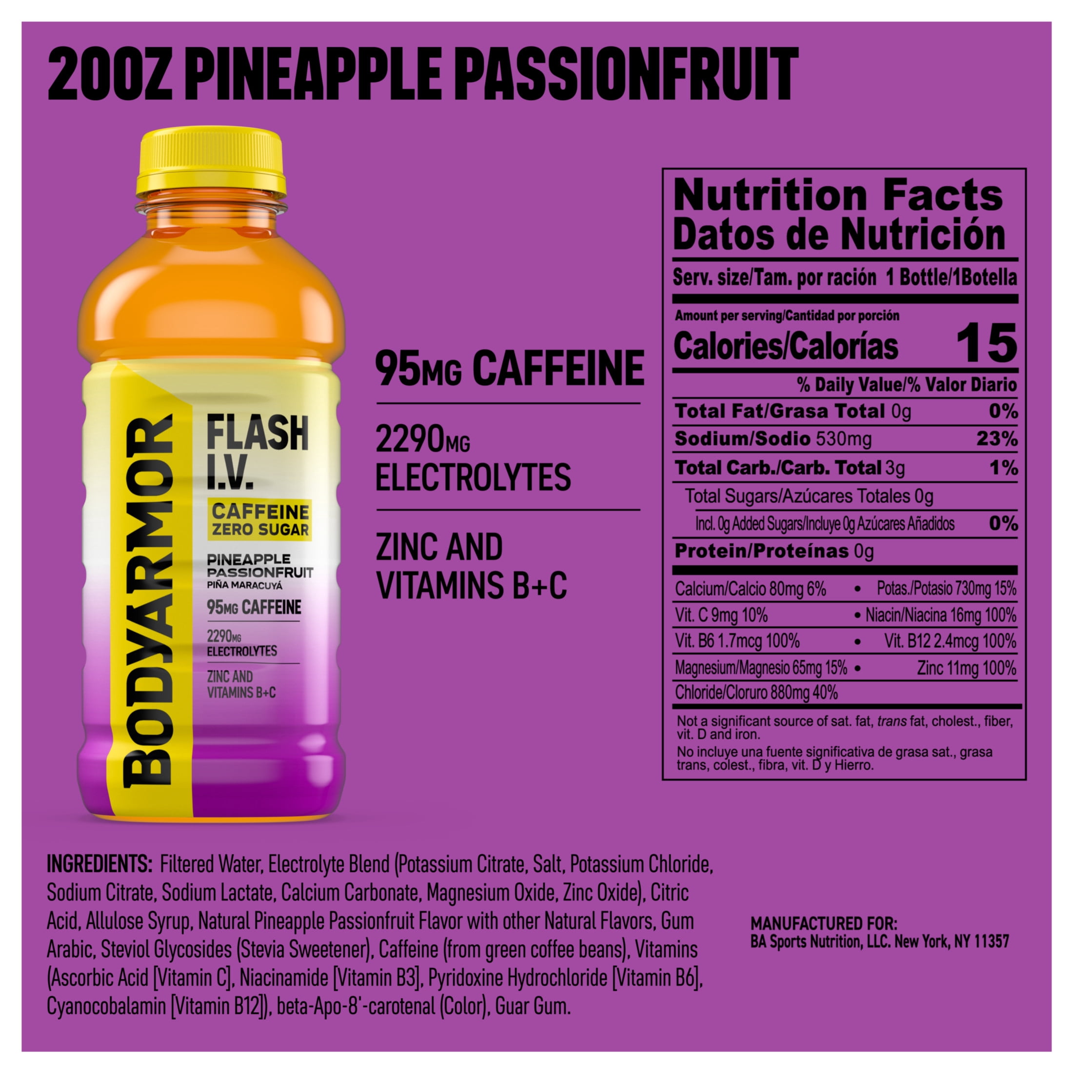 BODYARMOR Flash IV Zero Sugar Caffeine Pineapple Passionfruit Electrolyte Beverage Bottle 20 fl oz