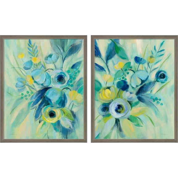 Great Art Now Elegant Blue Floral by Silvia Vassileva, 2 Piece Framed Art Set Each 17"W x 21"H