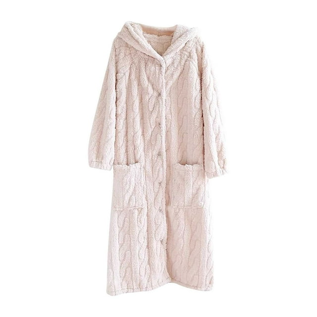 RXMEKW Robe de Nuit à Capuche en Molleton pour Femmes Mi-Longue d'Hiver, Vêtement de Nuit à Manches Longues, Col Rond, Beige G