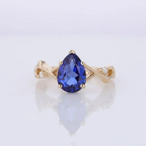 Stunning Pear Cut Lab-Created Blue Sapphire & Moissanite Solitaire Ring with Branch Shank in 925 Sterling Silver for Her - Elegant Engagement or Anniversary Gift