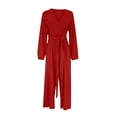thumbnail image 5 of OVBMPZD Long Sleeve Womens Jumpsuit Red Wide Leg Boho Tie Front Flowy Baggy V Neck Jumpsuits Rompers for Mom XXL, 5 of 8