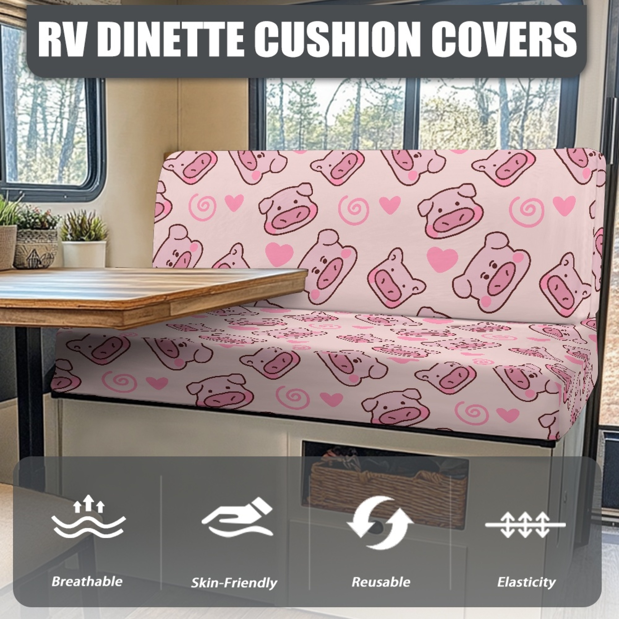 FOR U DESIGNS Pig Heart Print 2 Pack RV Dinette Cushion Covers Stretch Camper Cushion Slipcover Non-Slip RV Couch Cover Sofa Slipover for Travel Trailer Couch
