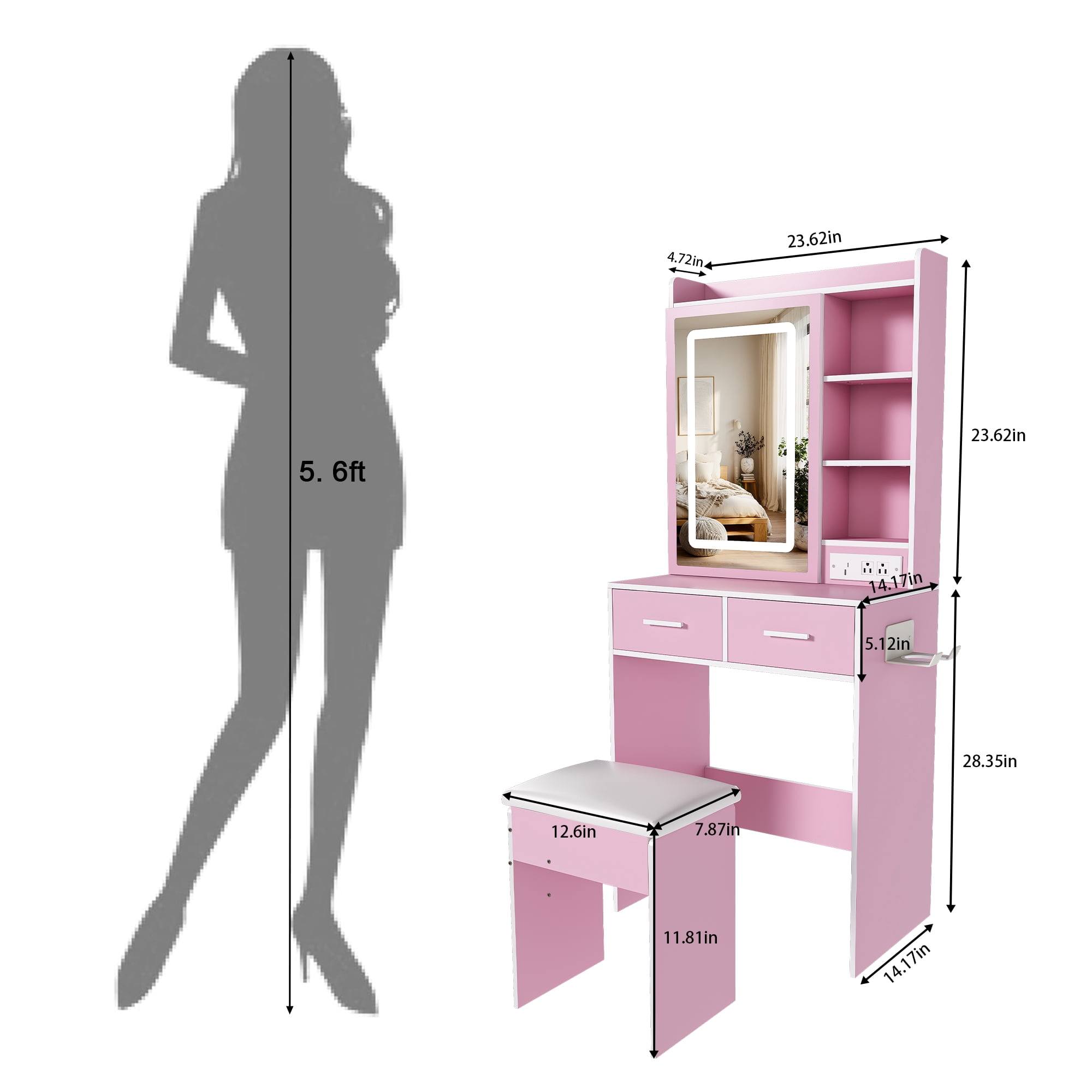 Mintazer Vanity Desk with LED Lighted Mirror, Power Outlets & Cushioned Stool, Makeup Vanity Table with Drawers & Storage Shelves for Girls Bedroom, Pink