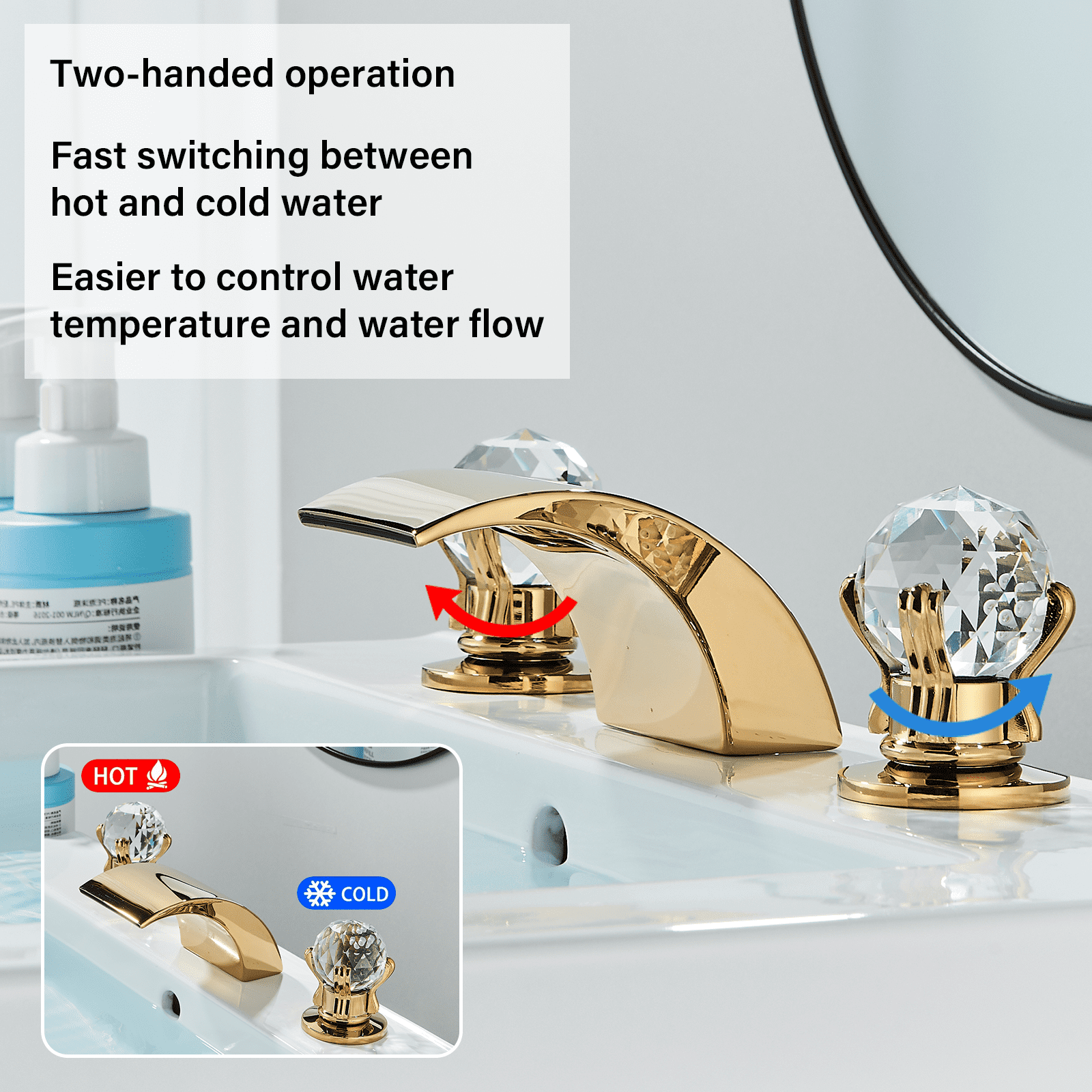 Zovajonia 3 Hole Bathroom Faucet, Dual Crystal Knobs Vanity Basin LED Sink Faucet Mixer Bronze Bath Faucets, Gold Widespread bathroom faucets for sink 3 hole Waterfall Tub Faucet