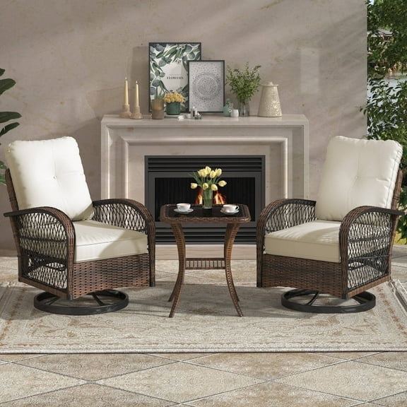 MELLCOM 3 Pieces Patio Furniture Set, Outdoor Swivel Rocker Patio Chairs, Wicker Patio Bistro Set with Rocking Chair, Thickened Cushions and Glass Coffee Table for Backyard, Garden, Beige