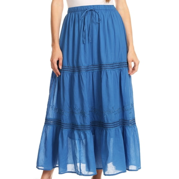 Sakkas Takara Maxi Broomstick Cascading Peasant Skirt with Elastic Waist - Blue - OS