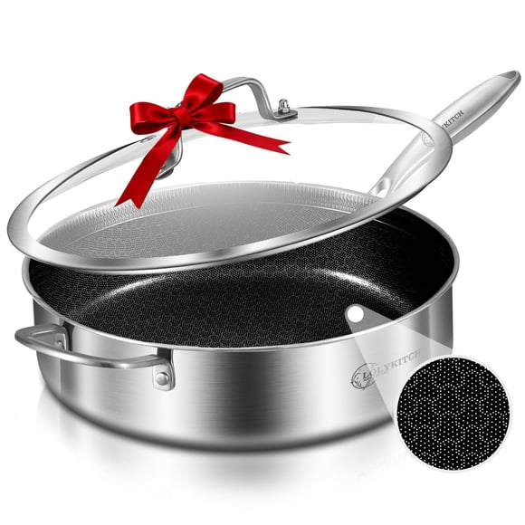 Lolykitch Salteado Antiadherente Híbrido De Tres Capas De Acero Inoxidable De 6 Cuartos De Galón Sartén Con Tapa Sartén De 12 Pulgadas De Profundidad Sartén Grande Olla Gigante Sartén De Inducción Apt