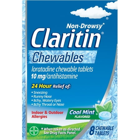 Claritin 24-Hour-Non-Drowsy Allergy Cool Mint Chewable Tablet, Antihistamine, 8 Count (Pack of 6)