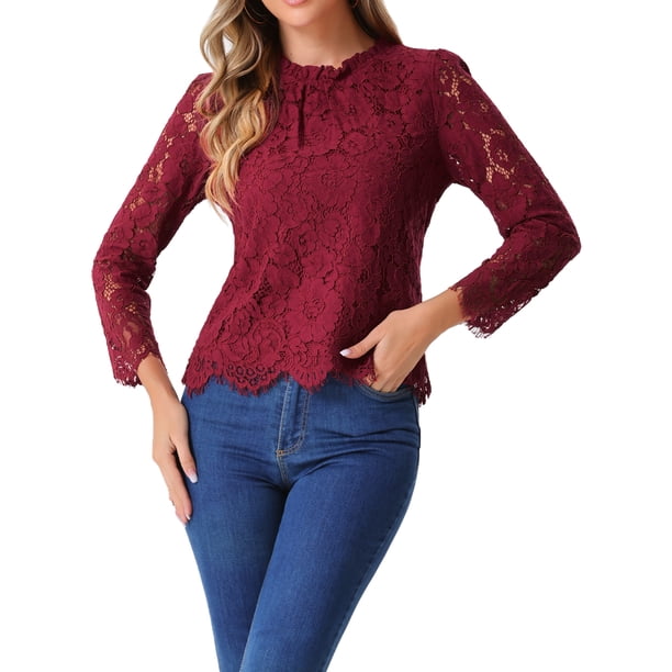 INSPIRAR CHIC Blusa Elegante de Manga Larga con Encaje y Cuello Volante, dobladillo Peplum Floral, Talla XS, Roja