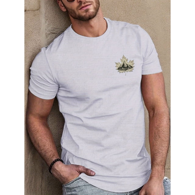Maple Leaf with Mountains Print Tee Shirt, Tees for Men, Casual Short Sleeve T-Shirt for Summer, Casual Sporty Tee, Comfy Tee