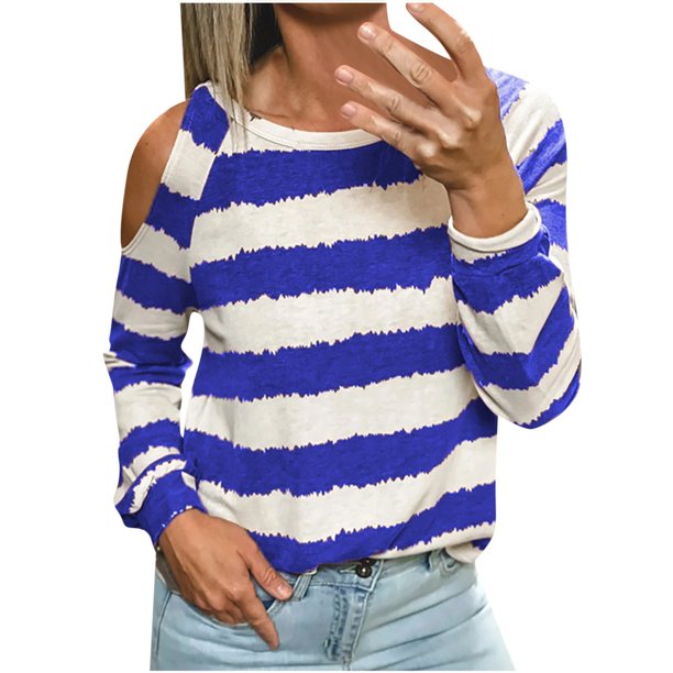 Blusa informal de manga larga con estampado de tiras y cuello redondo a la moda para mujer Fridja FKASFK2957