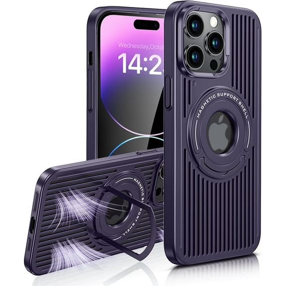 for iPhone 14 Pro Case with [Magsafe Wireless Charging],[Heat Dissipation],[Magnetic Support],[Invisible Built in Stand & Ring Holder], Shockproof Protective Case-Purple