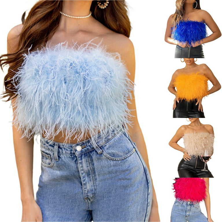 Youweixiong Women Sexy Feather Crop Top Furry Faux Fur Strapless Tube Top  Backless Tank Tops Rave Cami Corset Vest Party Clubwear