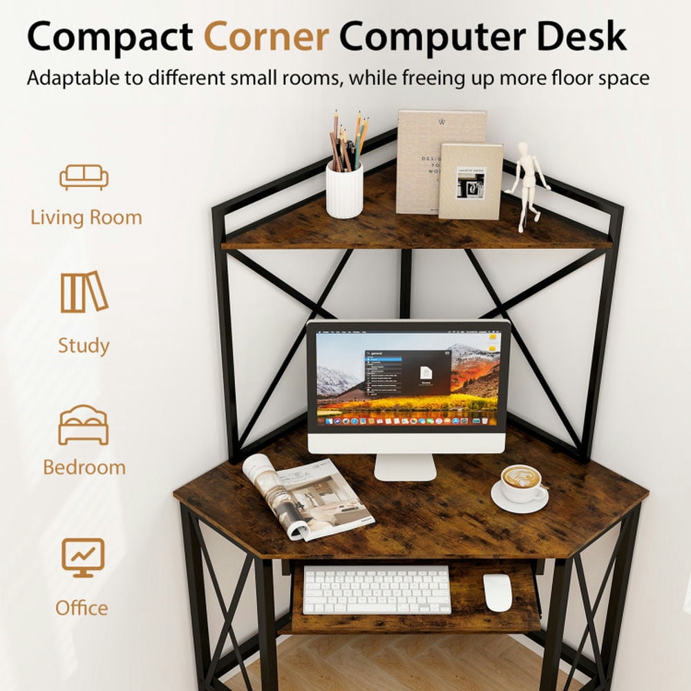 Demi Bonn Space-Saving Corner Computer Desk with with Hutch and Keyboard Tray, Small Home Office Desk Study Writing Table, Brown