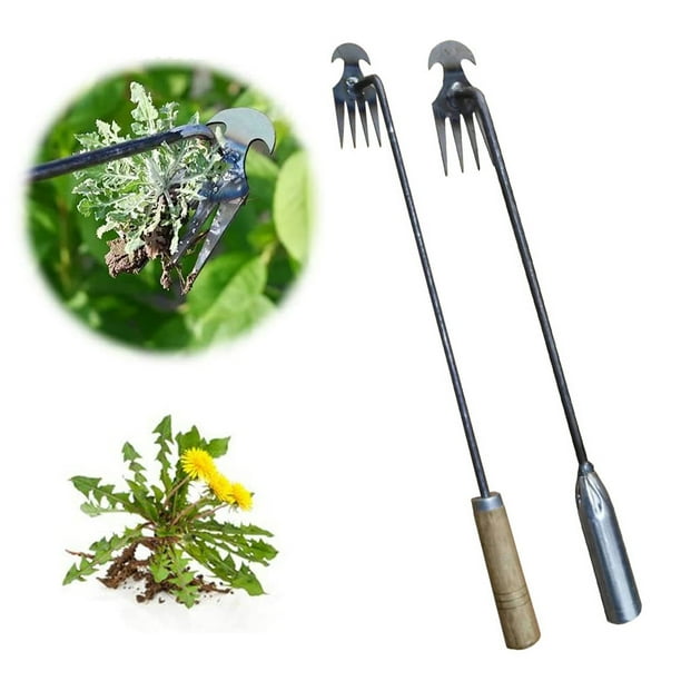 Anvazise Garden Weeding Tool 4Teeth Long Handle Weed Puller Metal Hand Weeder Easy Removal Lawn