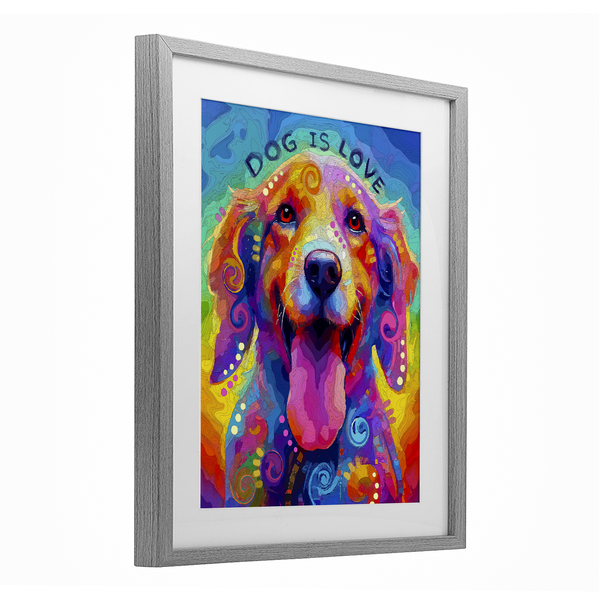 Dog Is Love Swirled Pattern Gray Framed Print Under Glass, design by Dean Russo- Evolution Collection