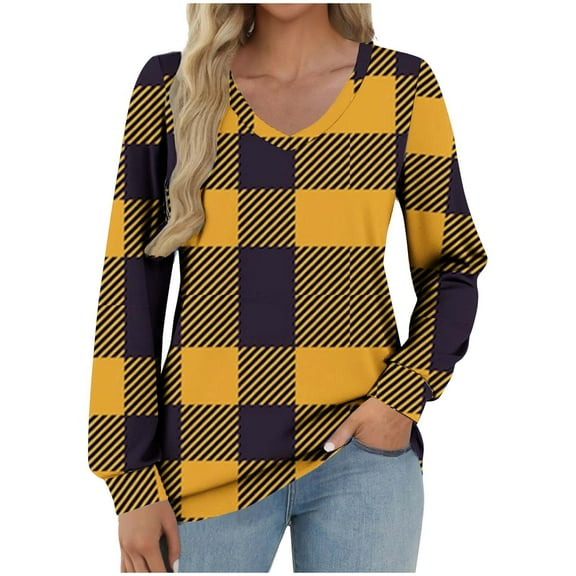 HAiming Womens Long Sleeve Plaid Shirt V Neck Pullover Casual Tops Blouse Fall Winter Trendy Clothes