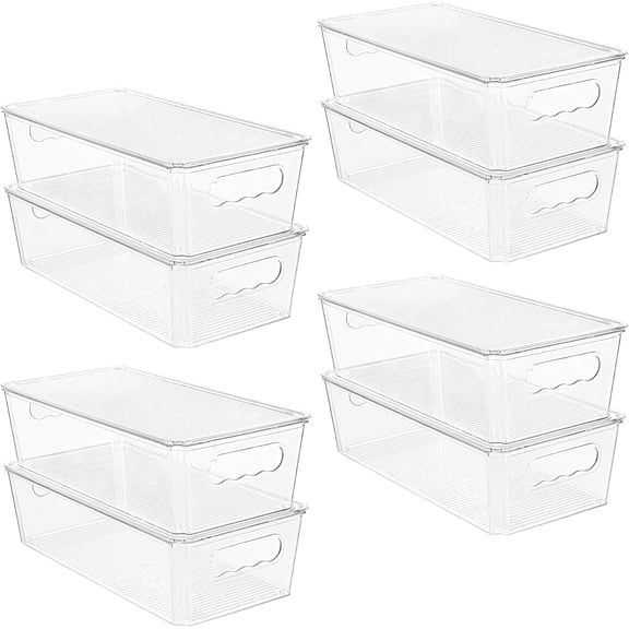 8pcs Clear Organizers and Storage Bins with Lids, Stackable Plastic Storage Containers with Handles for Fridge, Freezer, Pantry, Cabinet, Kitchen Organization