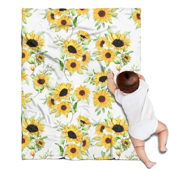 White Green Leaf Sunflower Pattern Blanket,Comfortable Soft Flannel Throw Blanket,All Season,Warm Lightweight Blankets for Sofa Bed Couch Living Room Chair,30"x40"