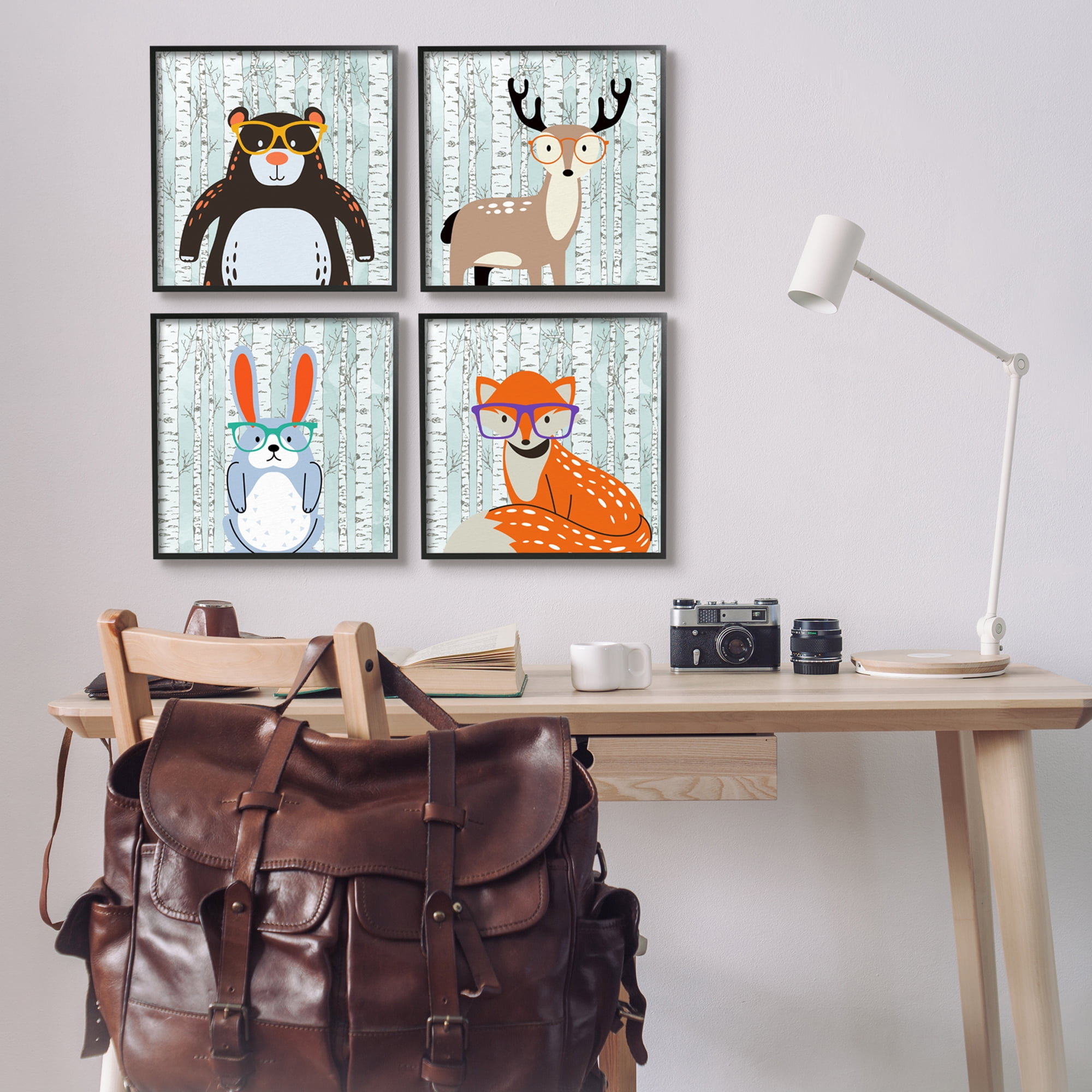 Stupell Industries Woodland Animals in Glasses Animals & Insects Painting Black Framed Art Print Wall Art, 17 x 17, Set of 4