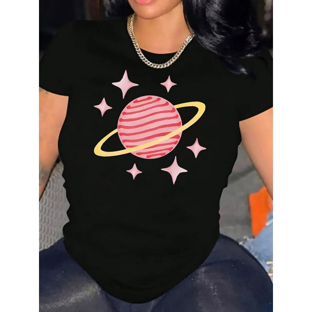 T-Shirt Graphique Décontracté pour Femme « Candy Planet » - T-Shirt à Manches Courtes Confortable à Col Rond, Parfait pour l'Été et le Sport Fête des Pères, Fête des Mères, Nouvel An, Fête du Printemps, Saint-Valentin, Fête de l'Indépendance,