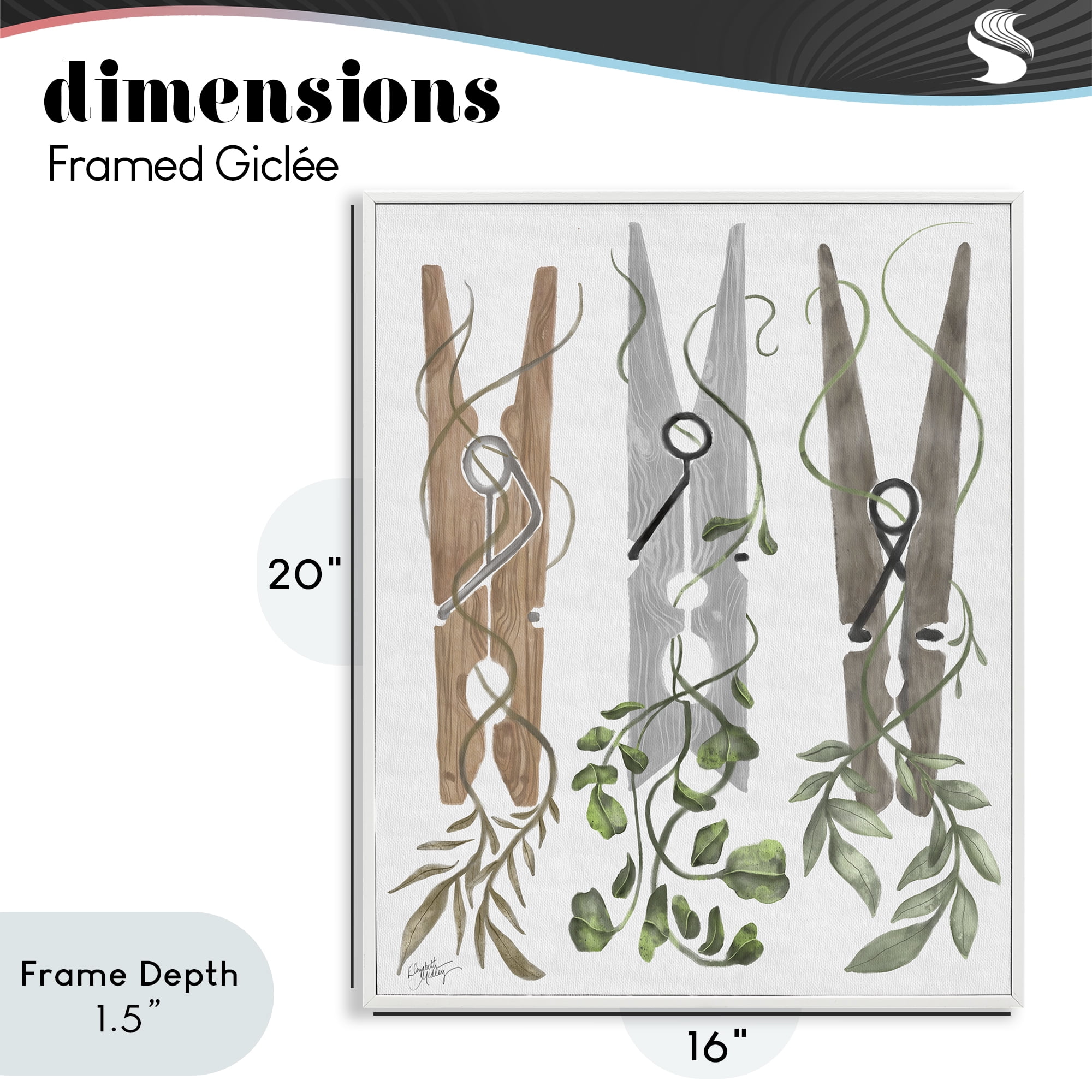 Stupell Industries Ivy Wrapped Clothespins White Framed Giclee Art, design by Elizabeth Medley